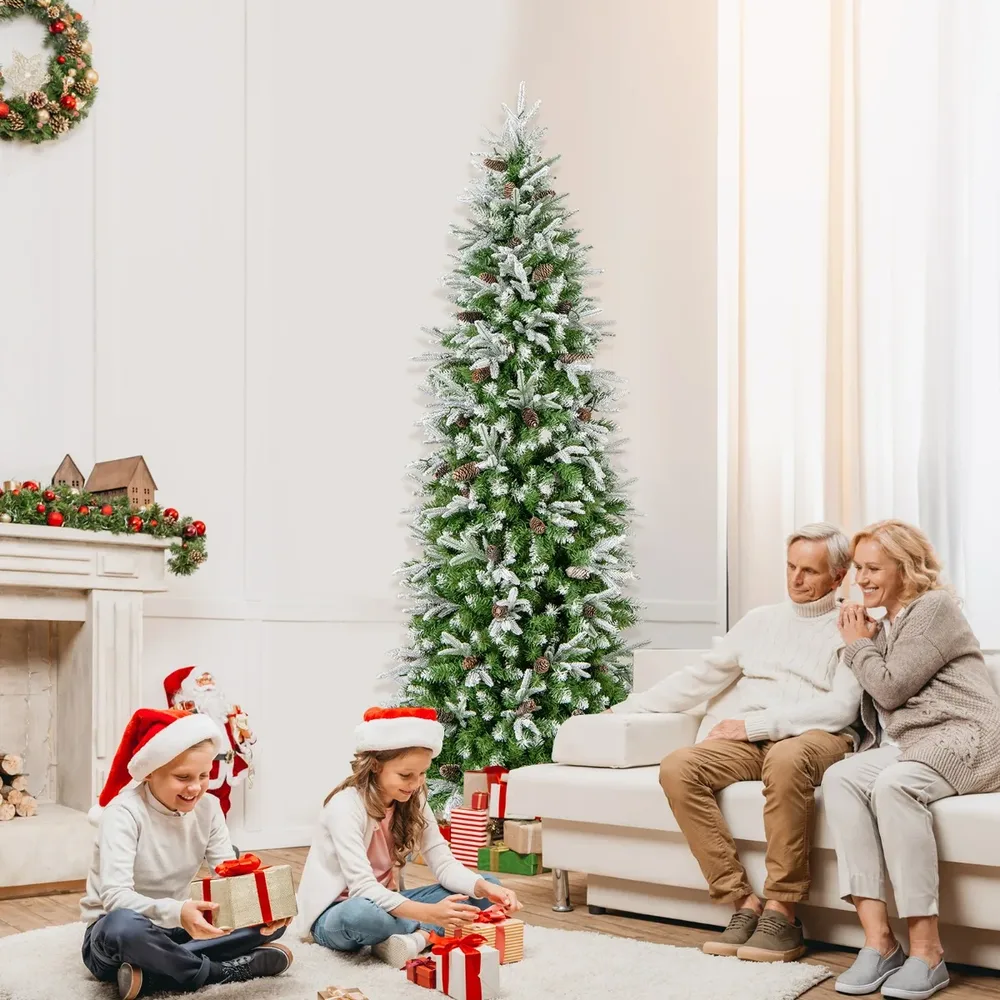 Изкуствена тясна заснежена елха на панти с топли LED светлини и шишарки, 225 см, снимка 6