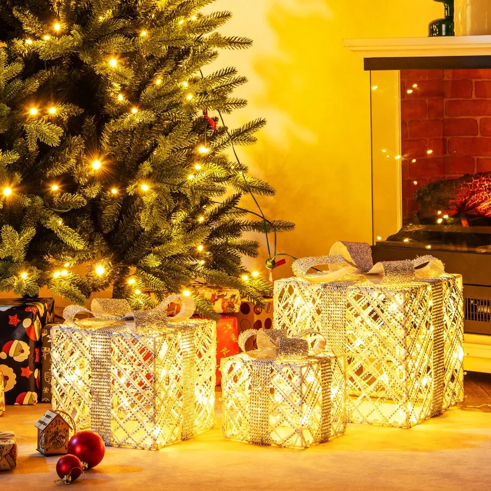 Комплект от 3 светещи коледни подаръчни кутии с 50 LED светлини и кристали, бели, снимка 3