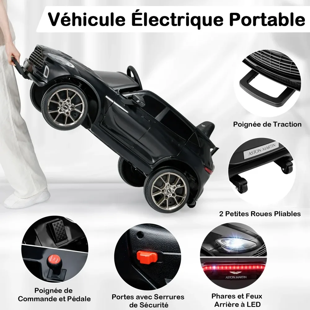 Детска електрическа кола Aston Martin 12 V с дистанционно, музика и LED светлини, черна, снимка 6