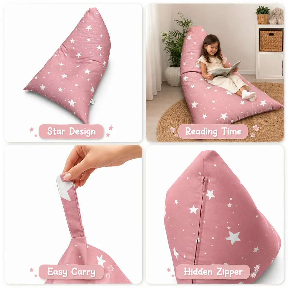 Детски пуф лежанка Little Stars, 100% памук, розов барбарон със звезди, 127x81x76 см, снимка 6