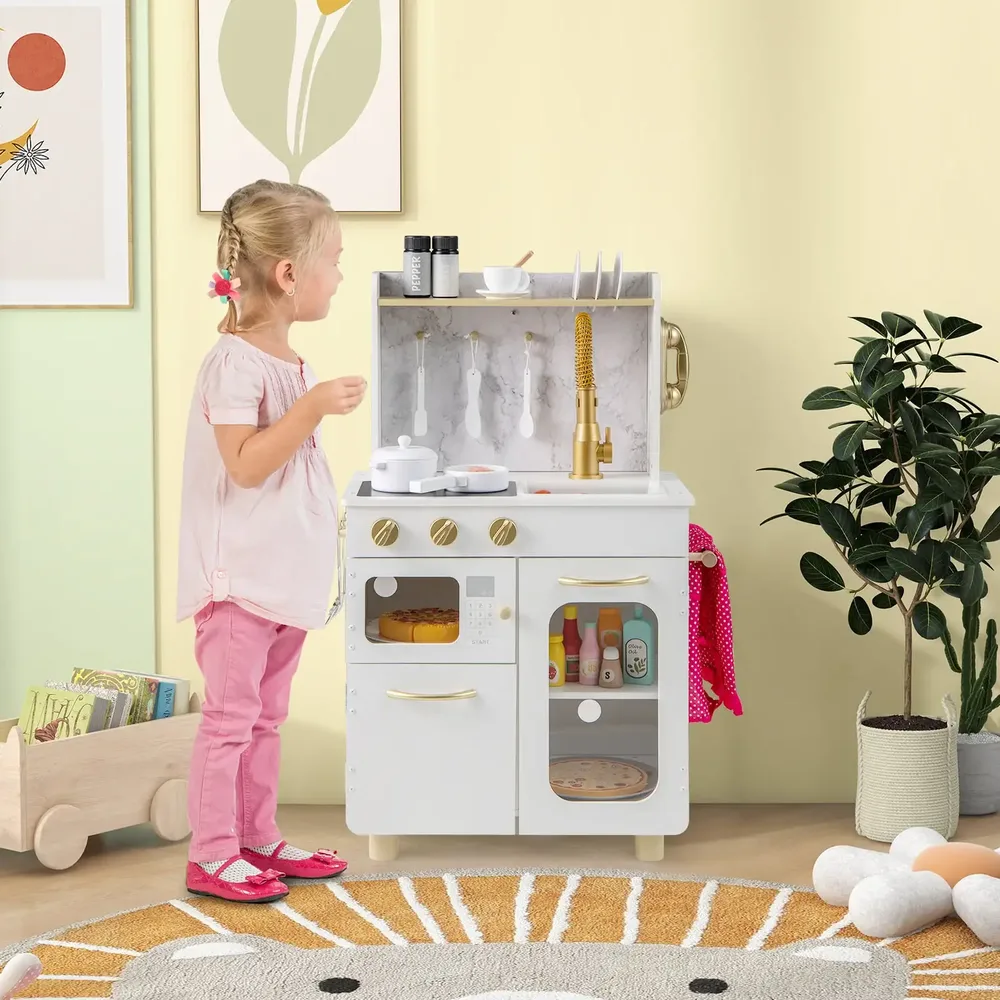 Детска кухня за игра с котлони, мивка, телефон, микровълнова печка и фурна, бяла