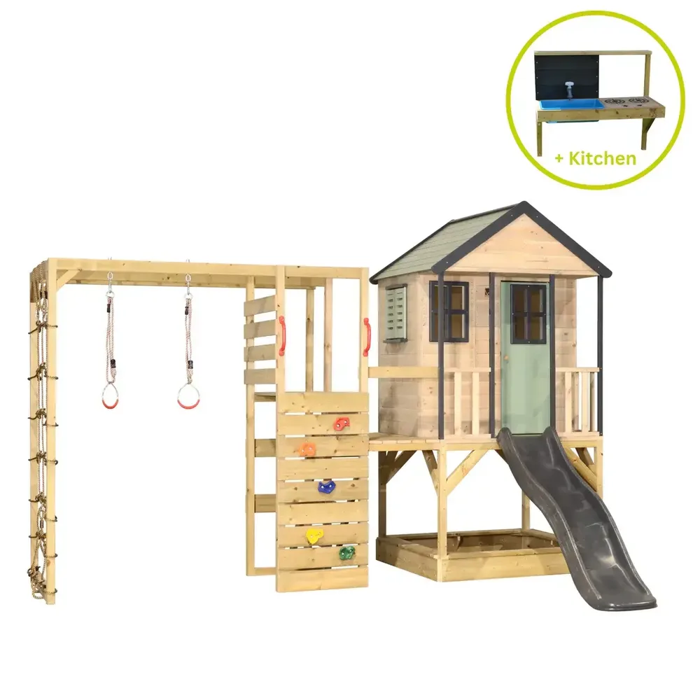 Детска къщичка за приключения Cottage House с платформа, пързалка, фитнес и кухня - Пастелно зелен и сив