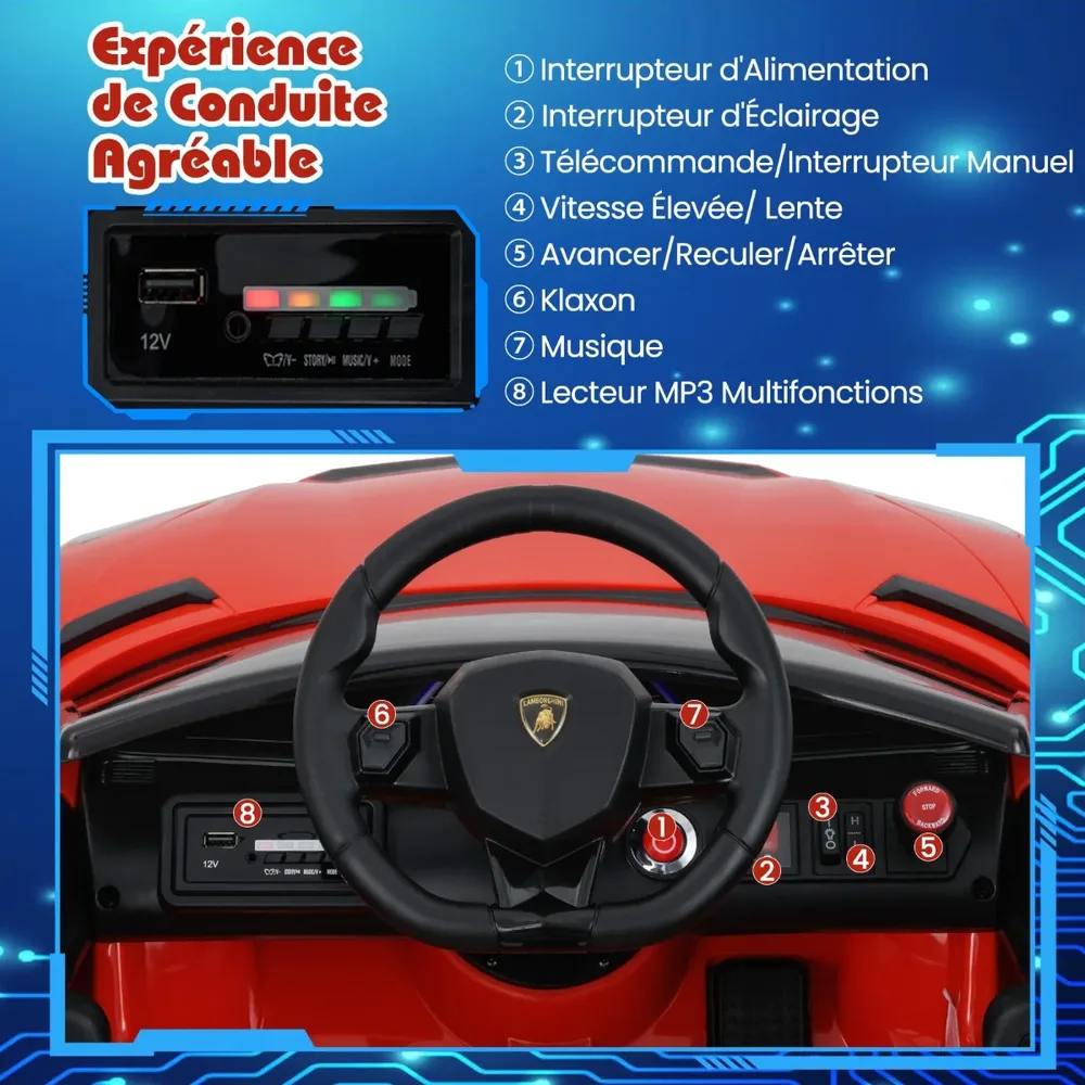 Детска електрическа кола Lamborghini 12V с дистанционно и хидравлични врати, червена, снимка 4