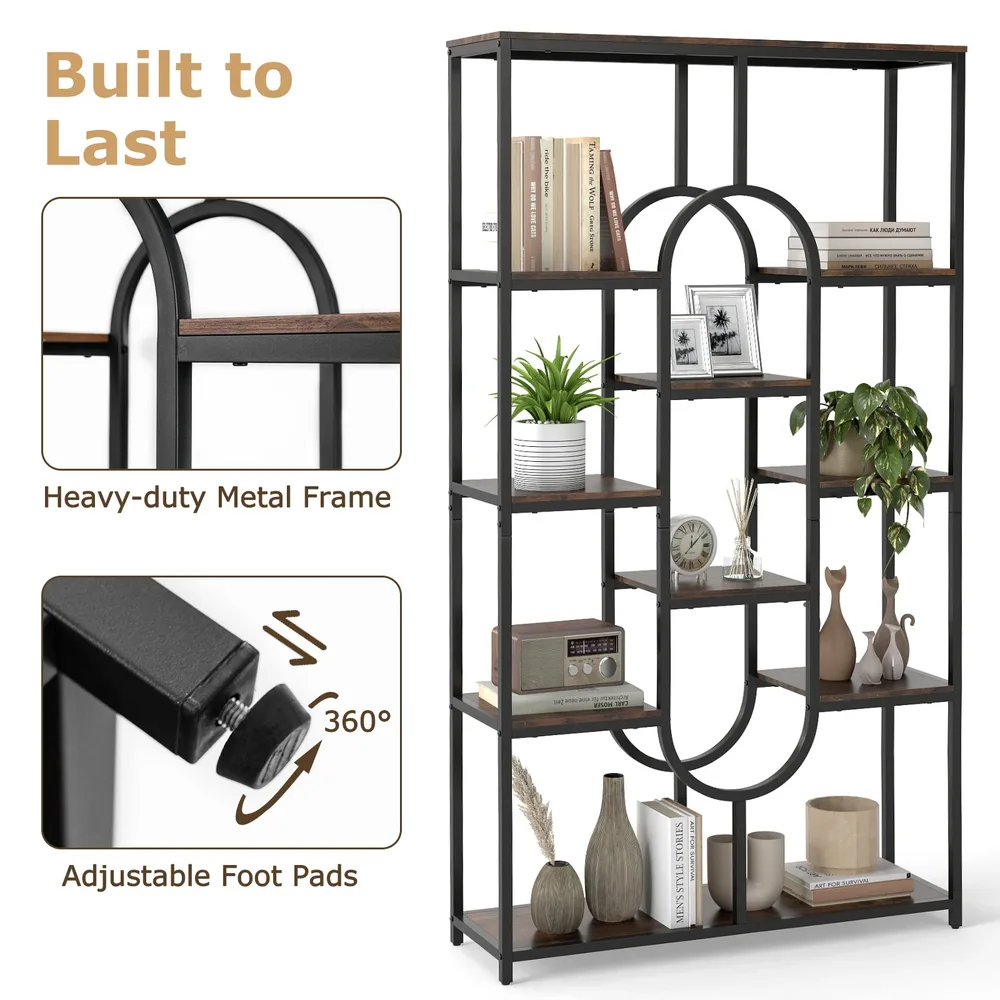Индустриална овална етажерка с 5 открити рафта, 95 × 30 × 175 см, кафява, снимка 7