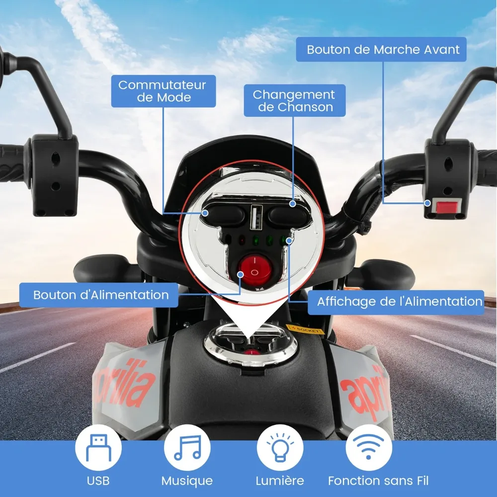 Детски електрически мотор Aprilia 12V с помощни колела, музика и фар, син, снимка 2