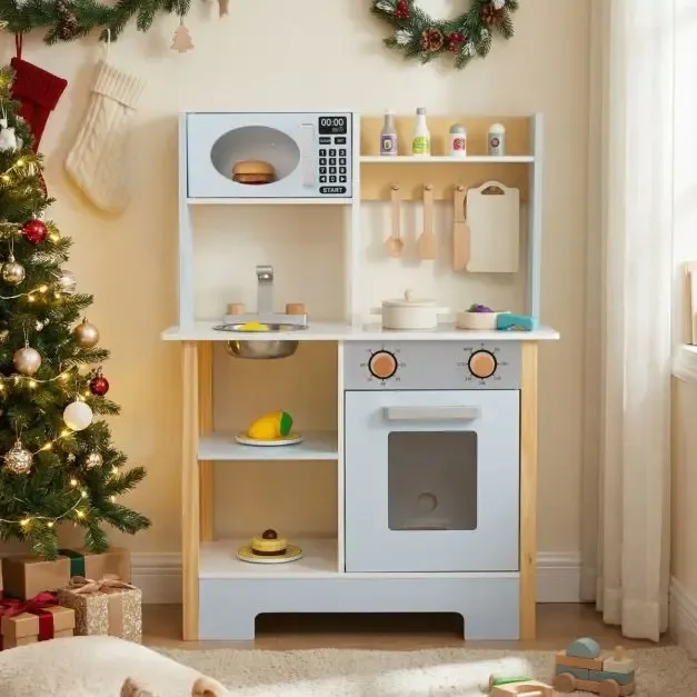 Дървена детска кухня с дъска, микровълнова печка, котлон, мивка и чешма, синя, снимка 3