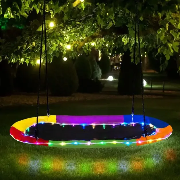 Люлка тип „чиния“ 150 см с LED светлини и регулируеми въжета, многоцветна, снимка 2