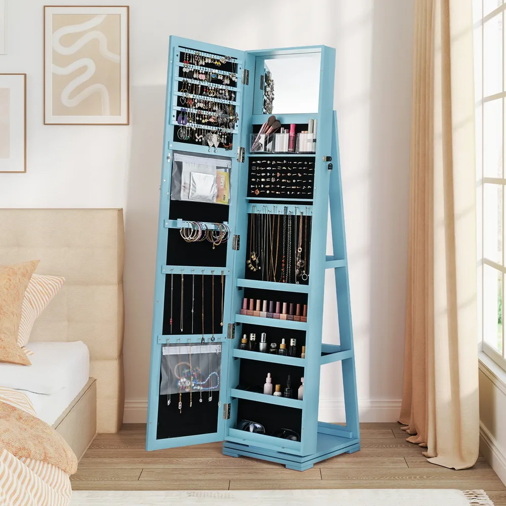 Въртящ се на 360° бижутерен шкаф 2 в 1 с огледало в цял ръст, заключващ се, син, снимка 3