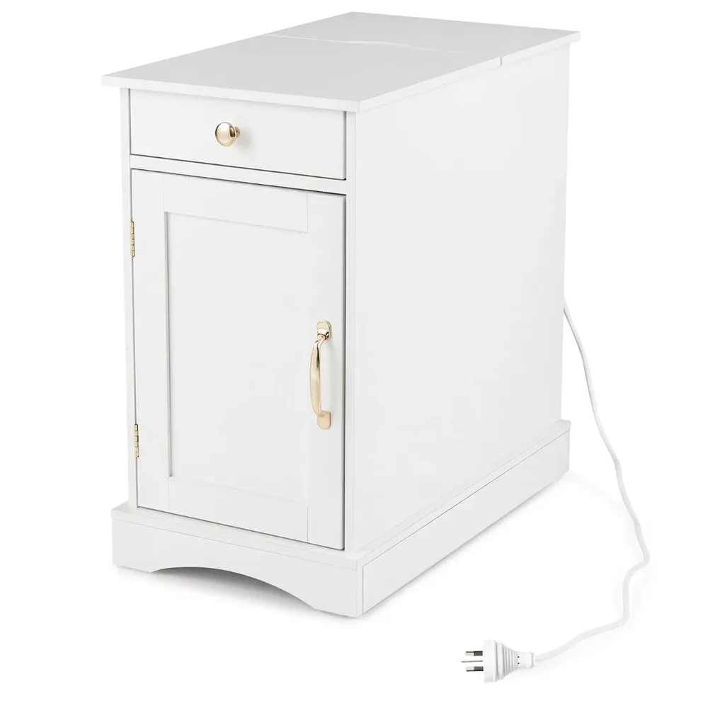 Нощно шкафче с контакти, чекмедже, шкаф с врата и Type-C порт, 60 × 35 × 62 см, бяло, снимка 6