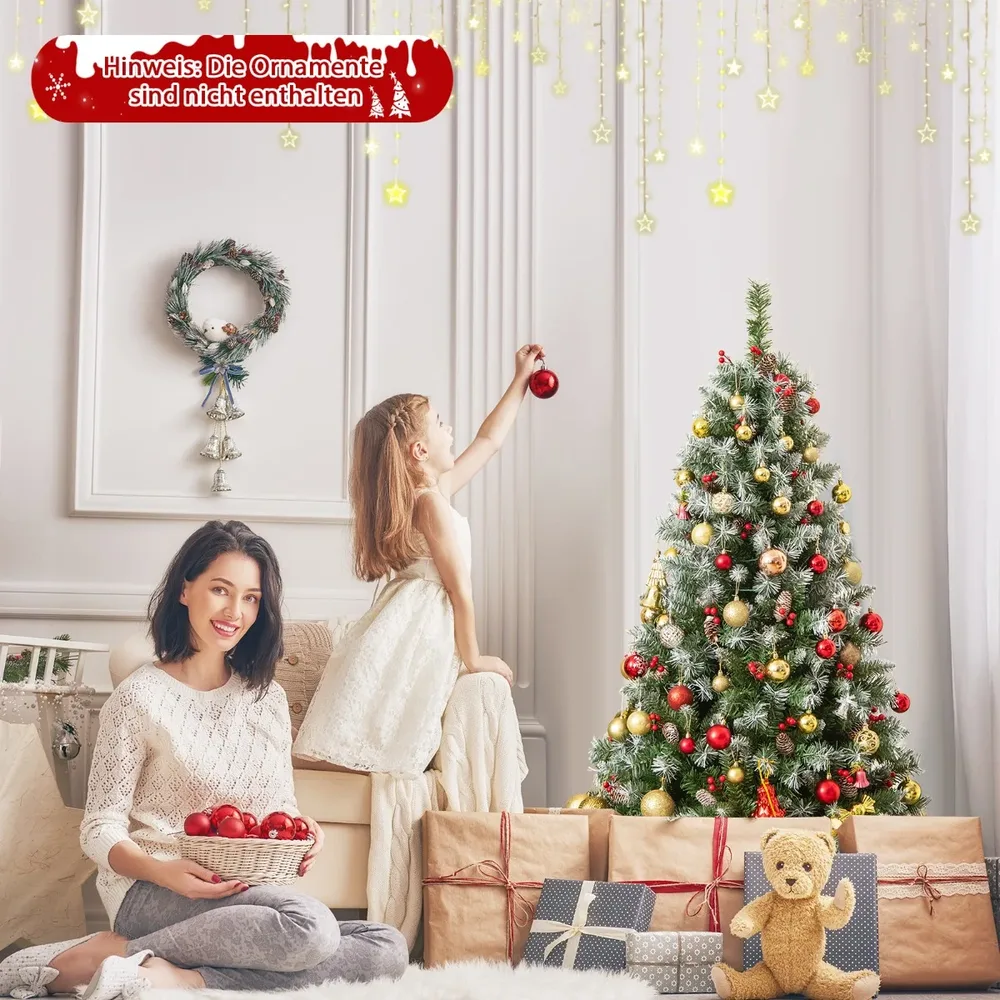 Изкуствена заснежена елха с 200 LED светлини, шишарки и червени плодчета, 150 см, снимка 8