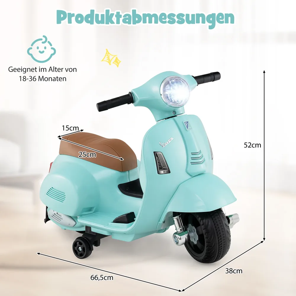 Детски електрически мотор Vespa 6V с LED фар и помощни колела, син, снимка 4