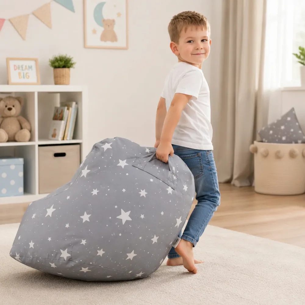 Детски пуф кресло Little Stars, 100% памук, сив барбарон със звезди, 55x44x55 см, снимка 7