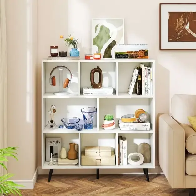 Етажерка с 8 кубични отделения и 5 конусовидни метални крака, 100 × 24 × 107 см, бяла, снимка 2