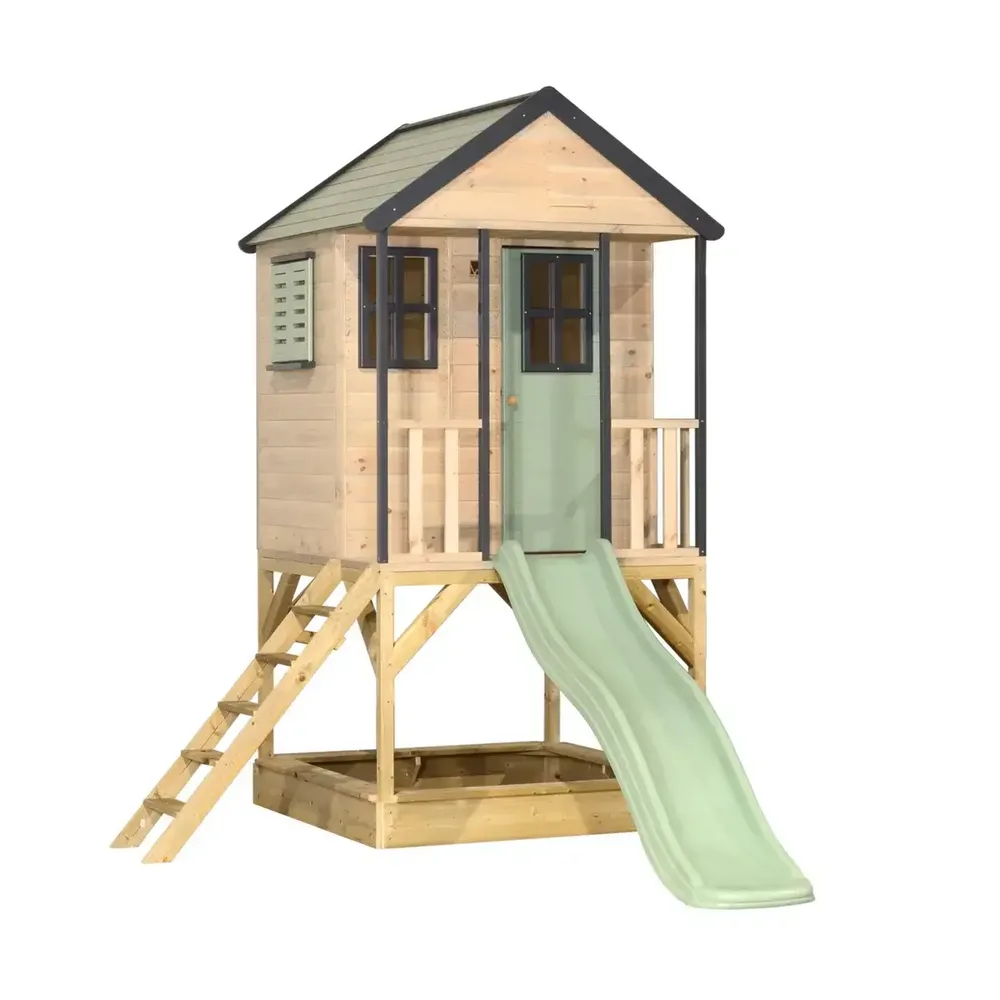 Детска къщичка за приключения Cottage House с платформа и пързалка - Пастелно зелен