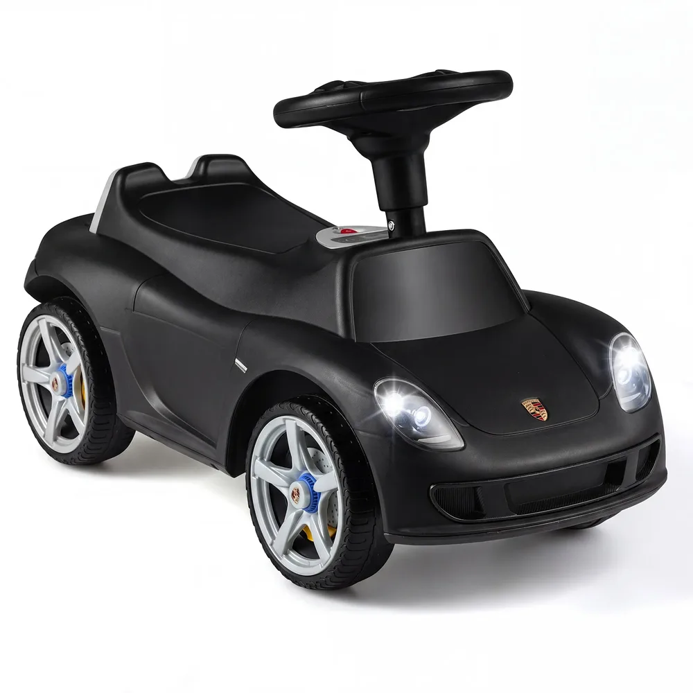 Детска кола за каране с краката Porsche с клаксон и звукови бутони, черна