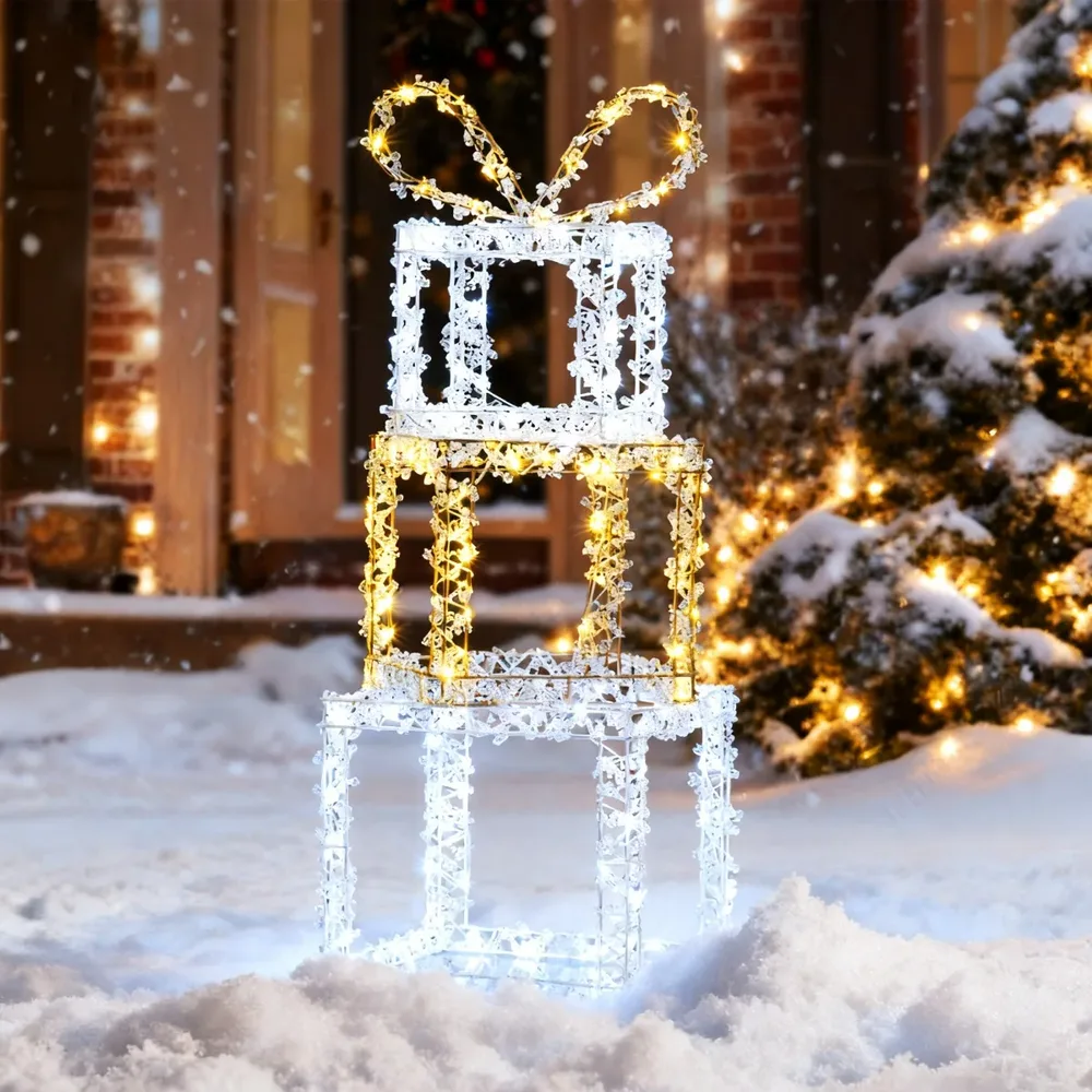 Комплект от 3 подреждащи се светещи подаръчни кутии с LED светлини и акрилни кристали
