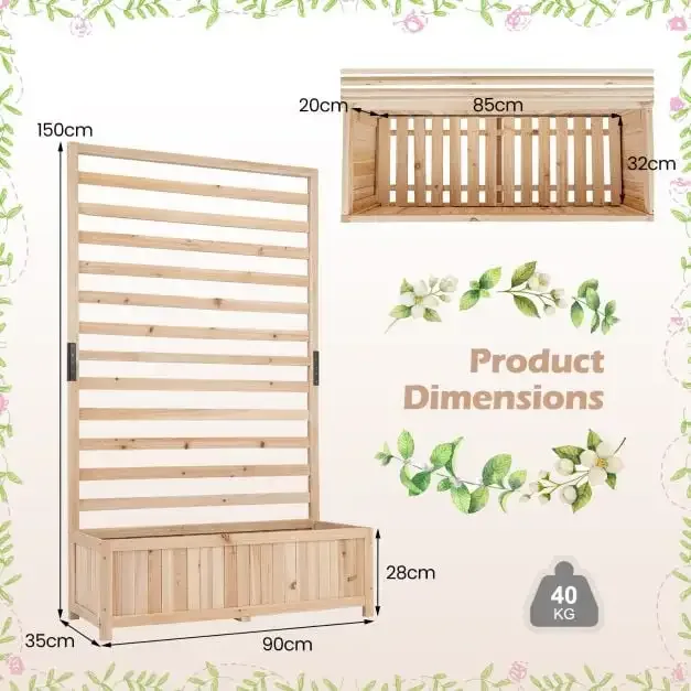 Вертикална дървена леха от смърч с решетка и дренаж, 90 × 34 × 150 см, натурална, снимка 4