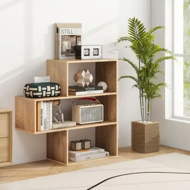 Изпъкнала етажерка с 3 нива и защита от преобръщане, 84 × 29,5 × 83,5 см, натурална, снимка 3