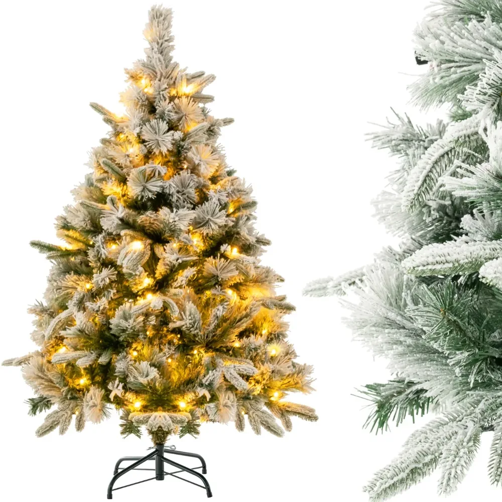 Изкуствена заснежена елха със 150 топли LED светлини, 136 см