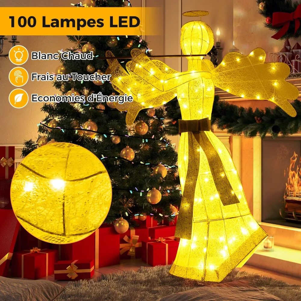 Светещ коледен ангел, 150 см, със 100 LED светлини, бяло-златист, снимка 8