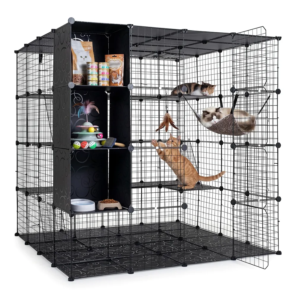 Модулна сгъваема клетка за котки 144 × 144 × 142 см, черна