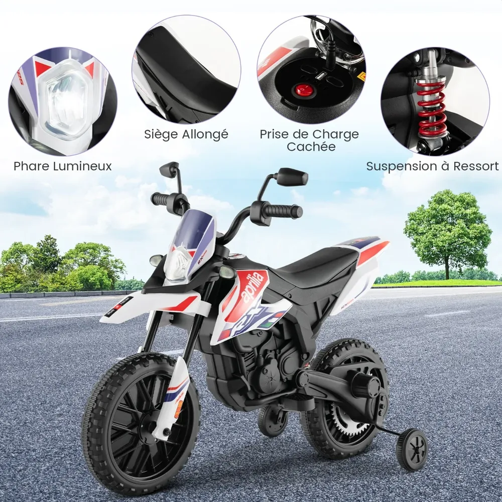 Детски електрически мотор Aprilia 12V с помощни колела, музика и фар, бял, снимка 5