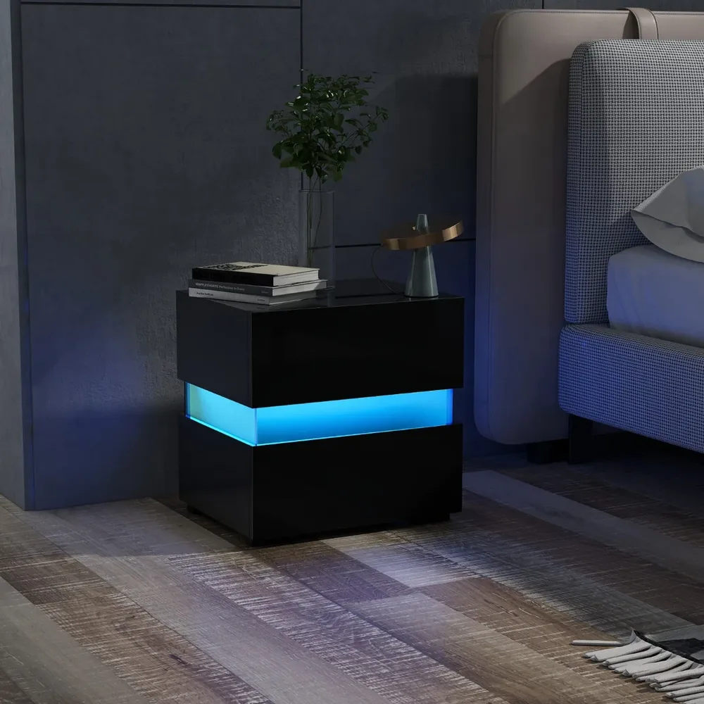 Комплект от 2 нощни шкафчета с LED осветление, 2 чекмеджета и висок гланц, черни, снимка 5