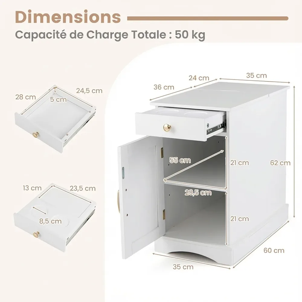 Нощно шкафче с контакти, чекмедже, шкаф с врата и Type-C порт, 60 × 35 × 62 см, бяло, снимка 3