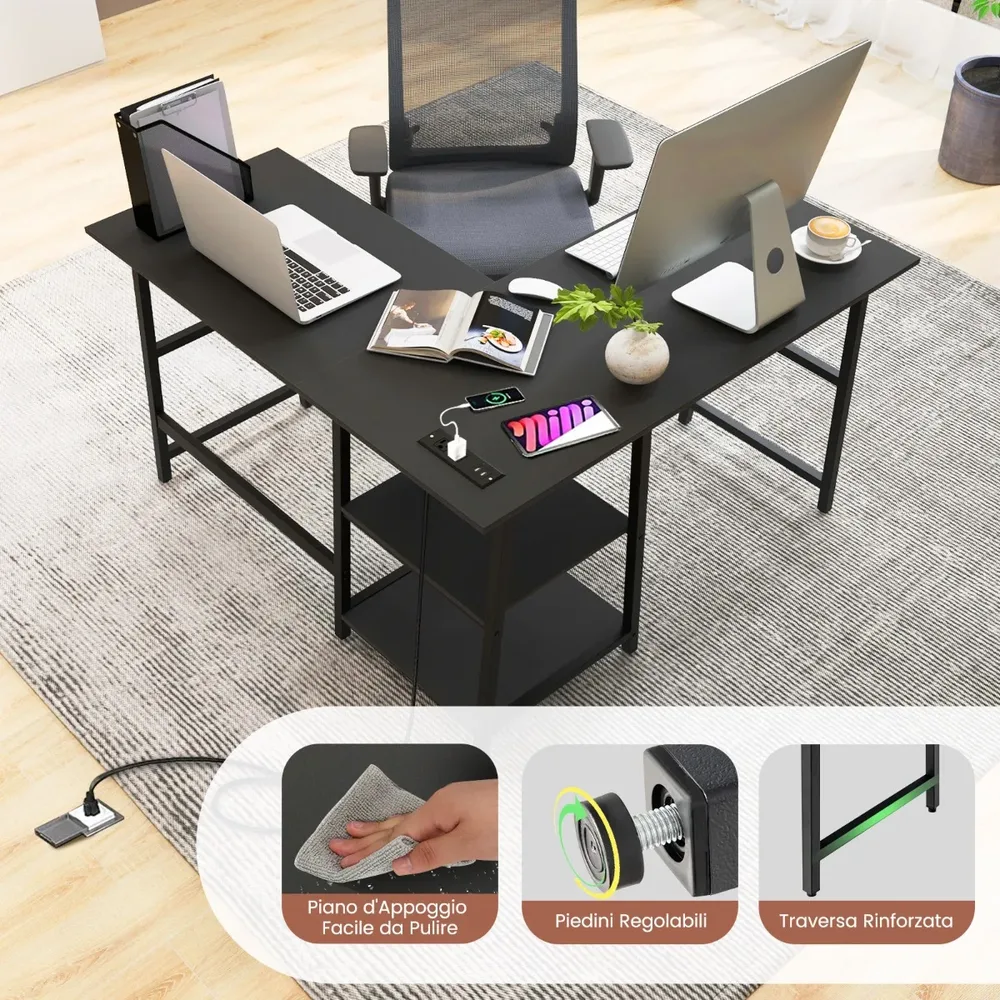 L-образно ъглово бюро с контакти и USB портове 120 × 120 × 75 см, черно, снимка 5