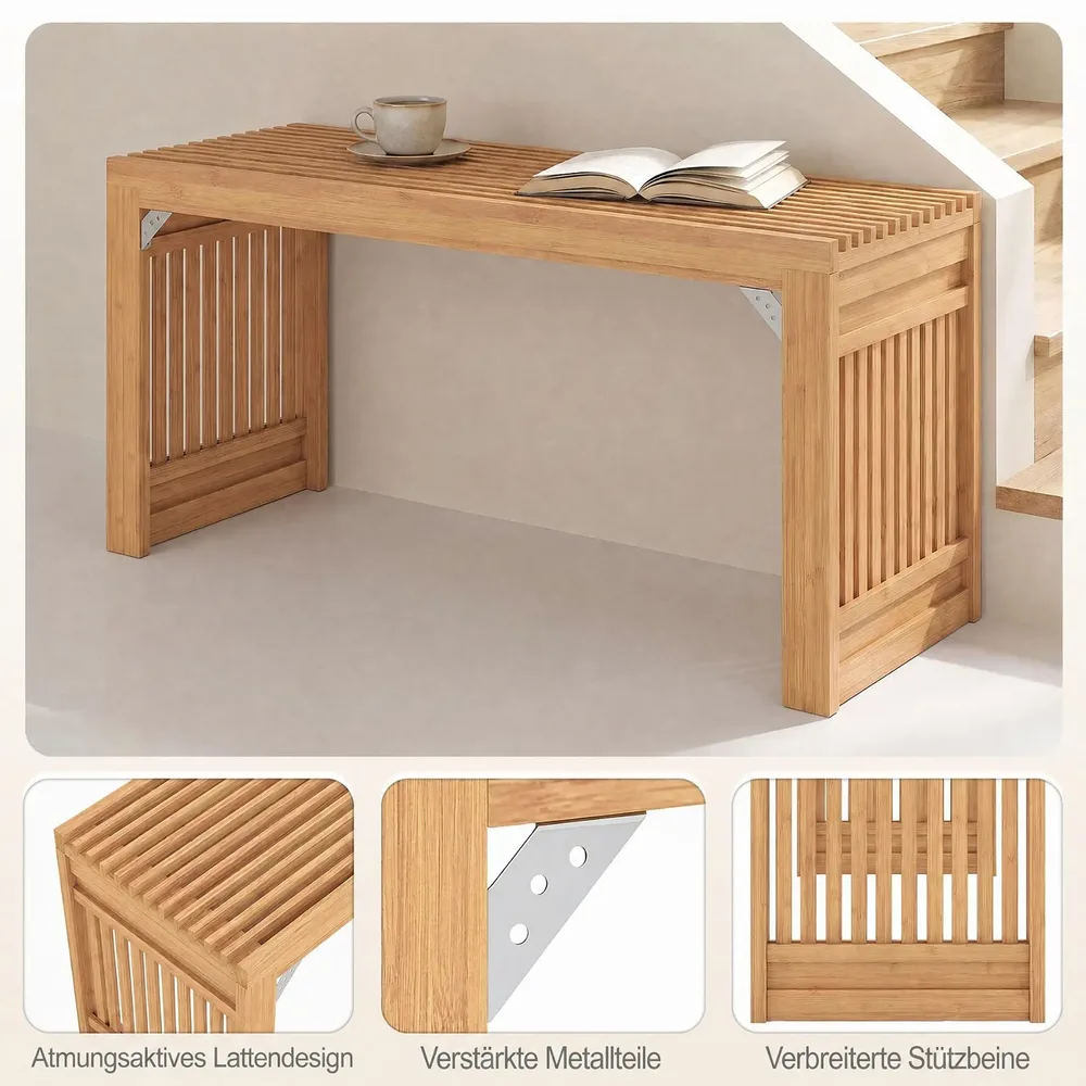 Бамбукова пейка с летвена седалка и разширени крака, 90 × 33 × 43,5 см, натурална, снимка 2