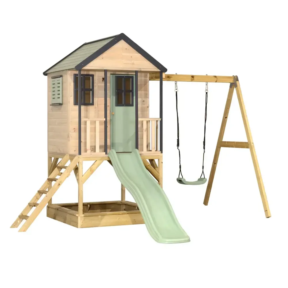 Детска къщичка за приключения Cottage House с платформа, пързалка и една люлка - Пастелно зелен