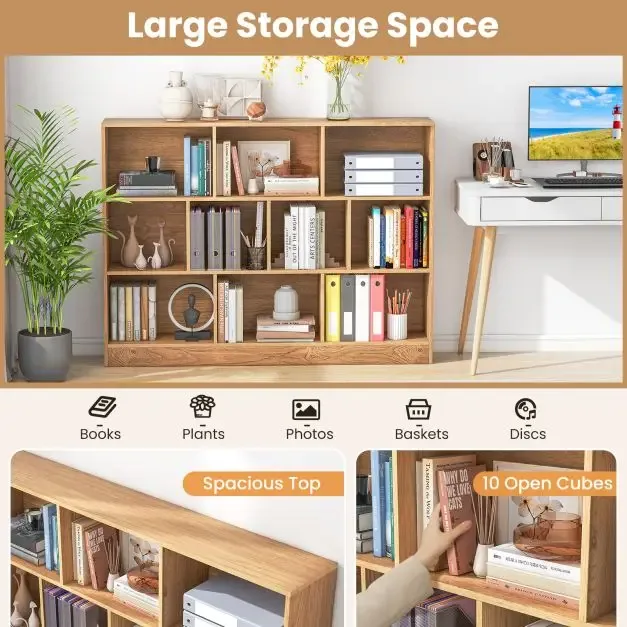 Етажерка с 10 кубични отделения и 2 комплекта против преобръщане, 140 × 24 × 104 см, натурална, снимка 7