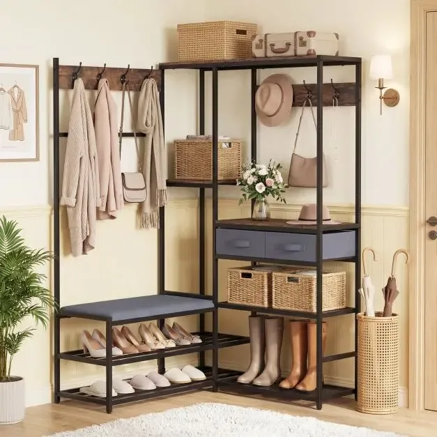 Ъглова закачалка с пейка, 5 рафта, 2 чекмеджета и 7 куки, 107 × 99 × 152 см, кафяв/черен, снимка 3