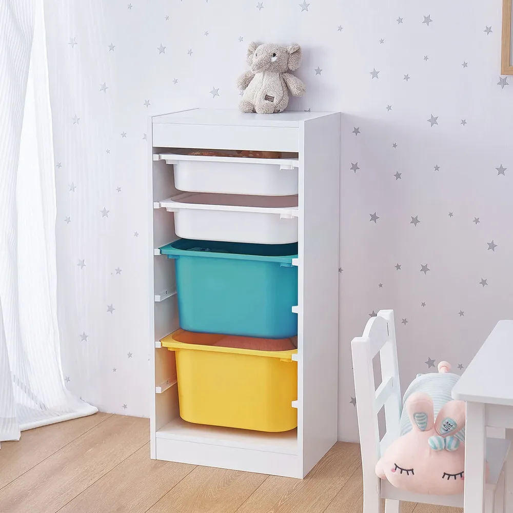 Детски шкаф, етажерка за играчки с 4 кутии за съхранение, бял, снимка 3