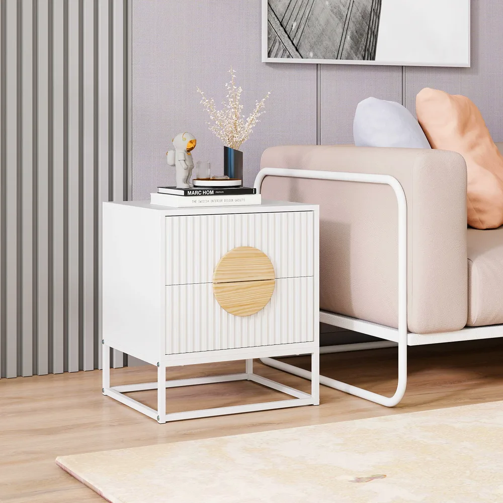 Нощно шкафче в стил mid-century с ребрени фасади, 2 чекмеджета и дръжки от бор, бяло, снимка 3