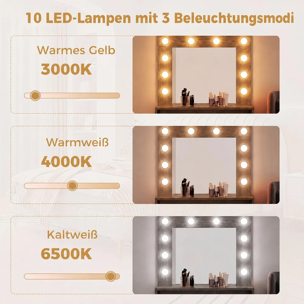 Тоалетка с LED огледало, 3 режима на светлината и регулируема яркост, рустик кафява, снимка 6