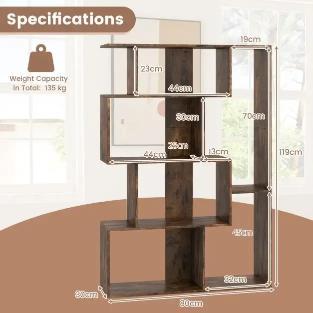 Геометрична етажерка с 6 отделения, отворен гръб и защита против преобръщане, цвят кафе, снимка 5