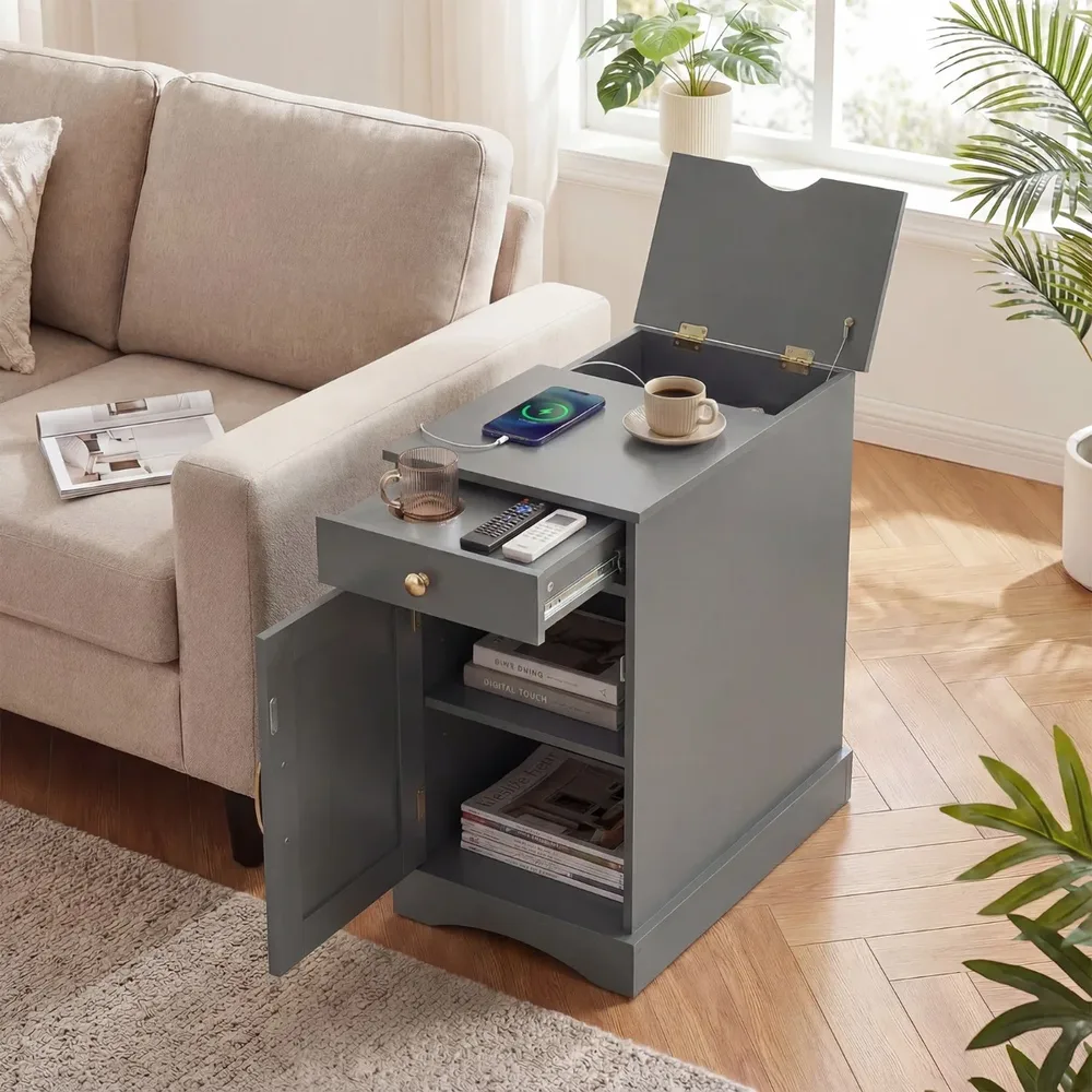 Нощно шкафче с контакти, чекмедже, шкаф с врата и Type-C порт, 60 × 35 × 62 см, сиво, снимка 4