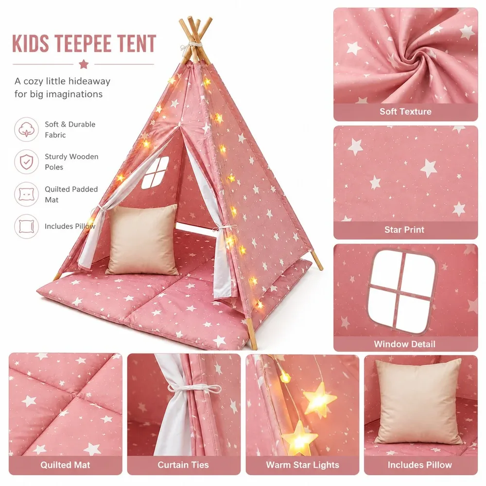 Детска памучна палатка Little Stars, типи, розова със звезди, 100% памук, с мека подложка с пълнеж, възглавница и LED лампички, 120x120x160 см, снимка 10