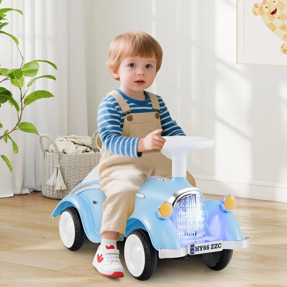 Класическа детска кола за каране с отталкване с крака, клаксон и LED фар, синя, снимка 2