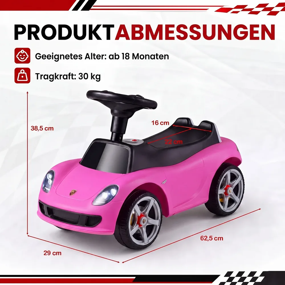 Детска кола за каране с краката Porsche с клаксон и звукови бутони, розова, снимка 8