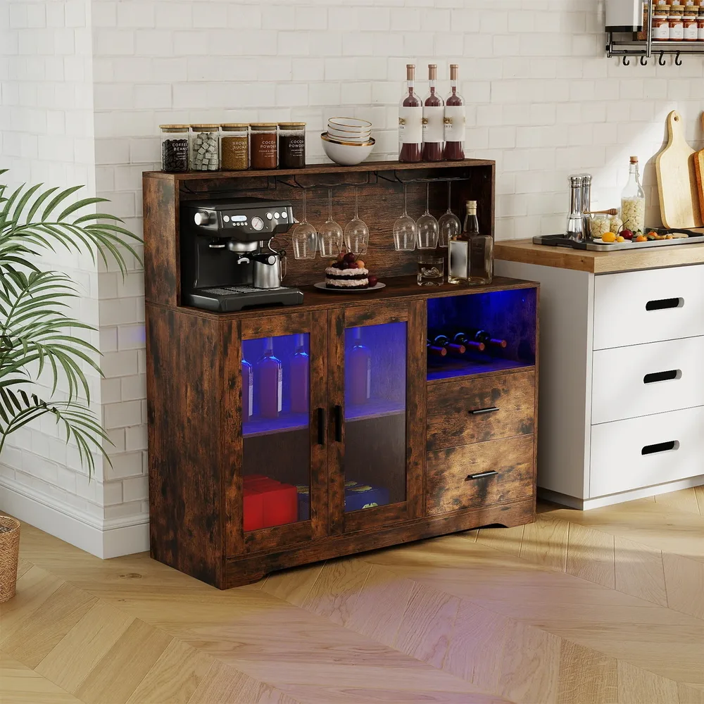 Кухненски бюфет с отворени отделения, контакти и LED осветление, 120 × 40 × 115,5 см, кафяв, снимка 2