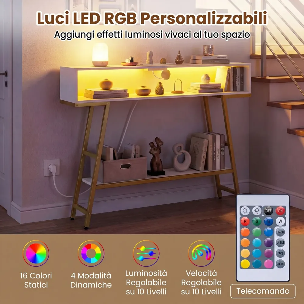 Конзолна маса на 3 нива с LED осветление и станция за зареждане, 100 × 20 × 86,5 см, бяла, снимка 8