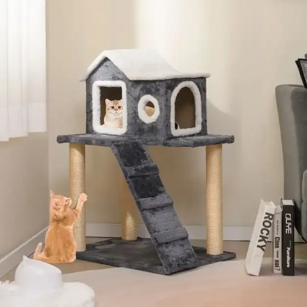 Дърво-драскалка за котки с къщичка и стълбичка, 60 × 46 × 90 см, сиво, снимка 2