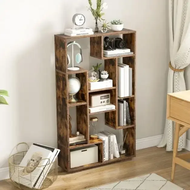Геометрична етажерка с 11 рафта и защита от преобръщане, 70 × 20 × 120 см, кафява, снимка 3