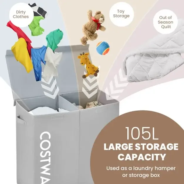 Кош за пране 105 л с дървен капак и 2 отделения, сив, снимка 5
