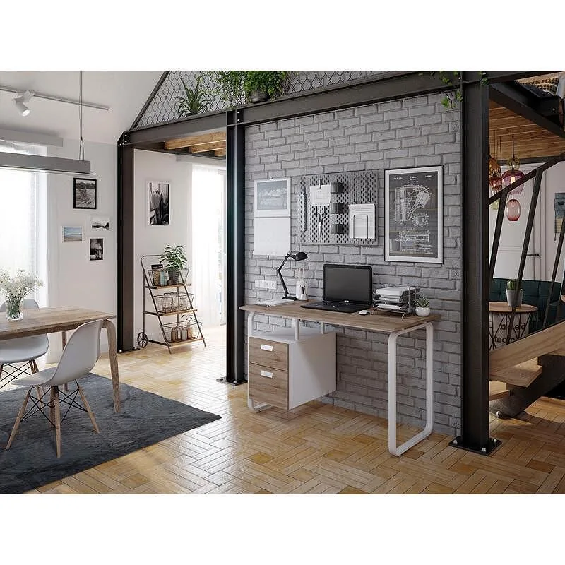 Работно бюро Shape O, 120 × 60 × 76 см, меламин дъб, бял метал, с контейнер, снимка 2