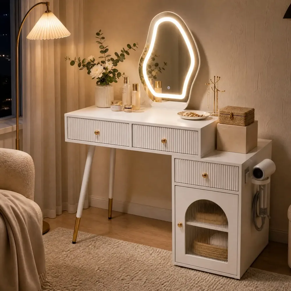 Тоалетка с огледало, LED осветление, 3 чекмеджета и шкафче, 106 × 40 × 134,5 см, бяла