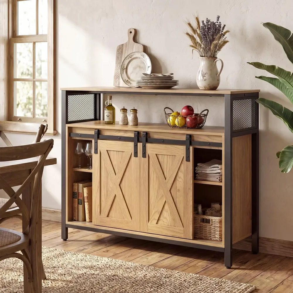 Бюфет с метална рамка, 2 плъзгащи се врати и 3 рафта, 100 × 33 × 80 см, натурален, снимка 2