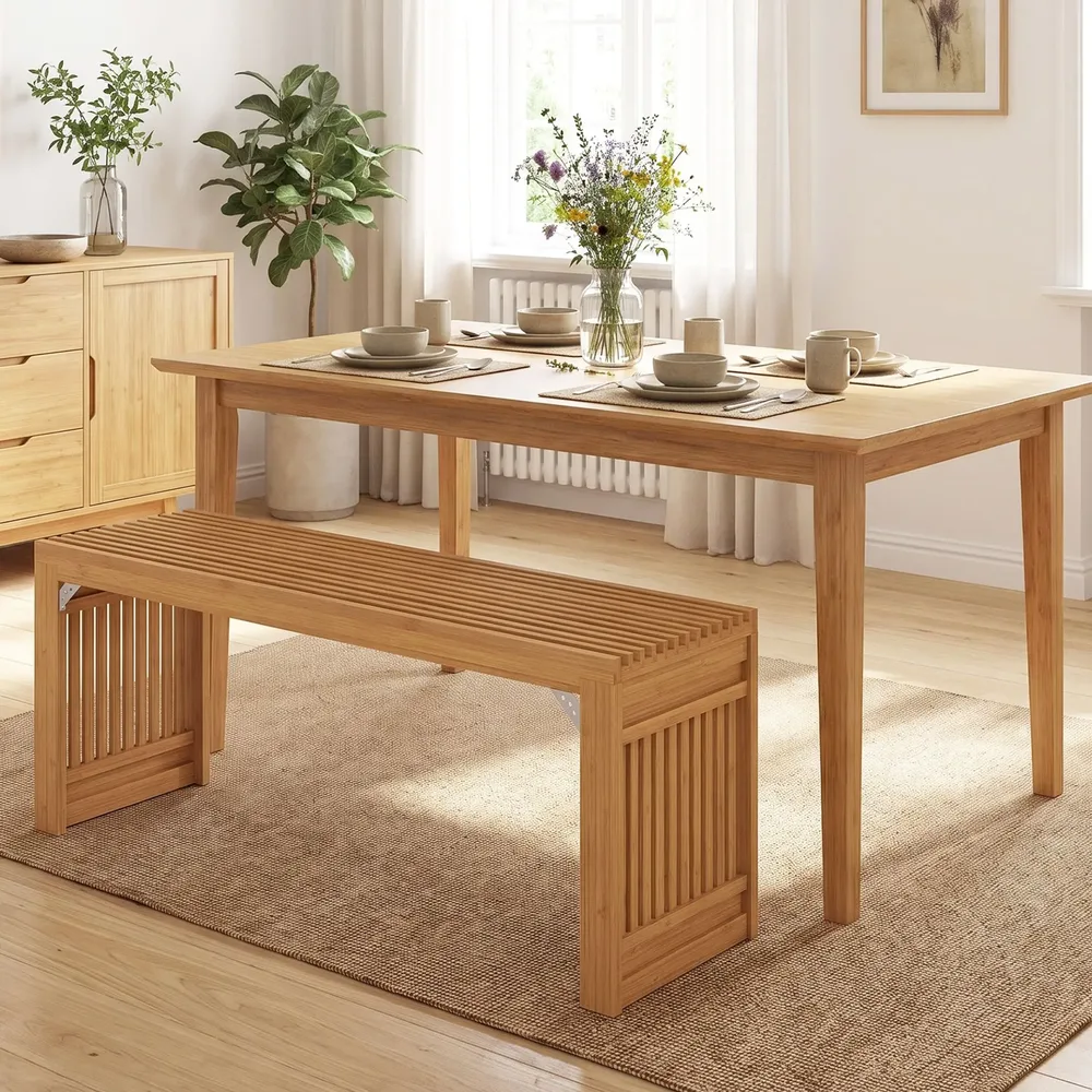 Бамбукова пейка с летвена седалка и разширени крака, 90 × 33 × 43,5 см, натурална, снимка 5